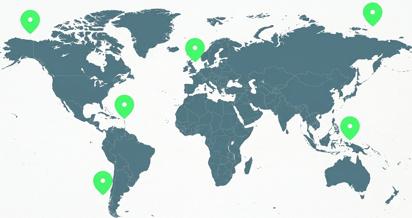 Mapa mundial con ubicaciones de creadoras gestionadas por Agencia Fanvue en América, Europa y Asia